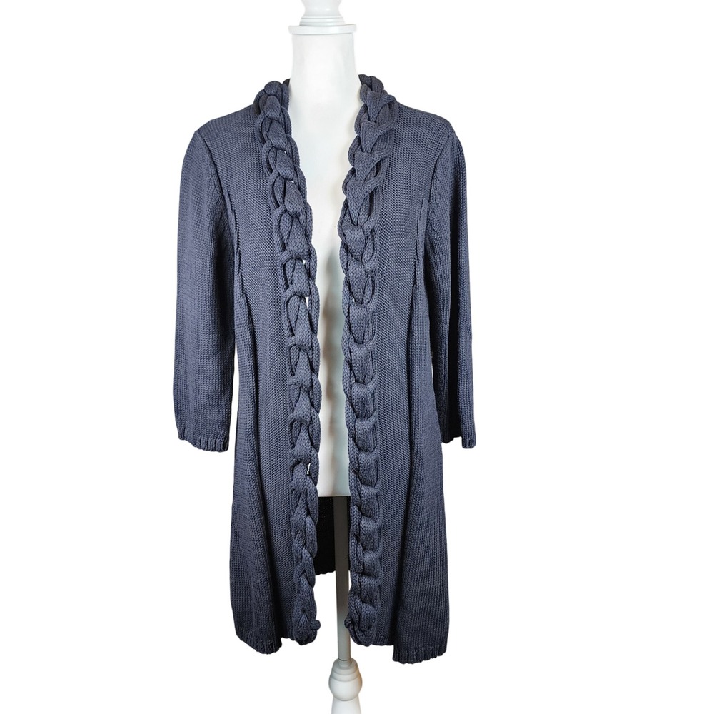 Pure Handknit Long Cardigan Sweater‎ Womens L XL Navy Braided Trim Office Casual